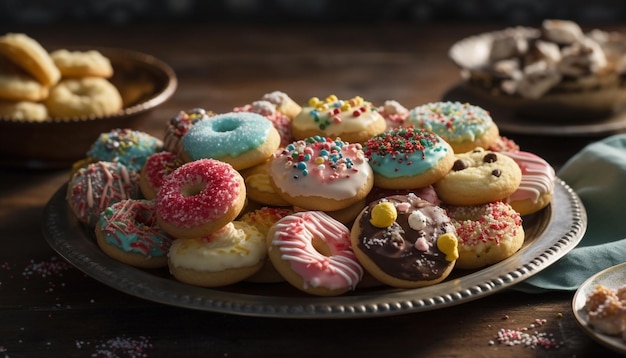 Assiette à dessert maison gourmande avec des bonbons cuits au four et des fruits colorés générés par l'intelligence artificielle