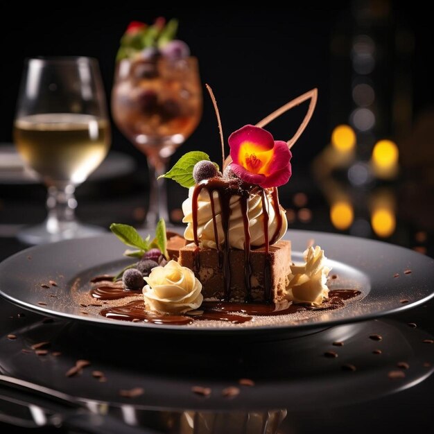 une assiette de dessert avec un verre de vin et un verre de vins.