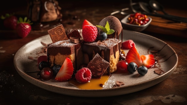 Une assiette de desserts au chocolat avec des fruits dessus