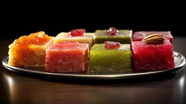 Une assiette de desserts colorés avec un fruit rouge sur le dessus.