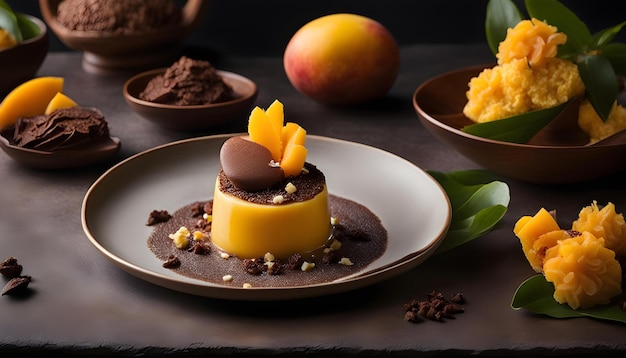 une assiette de desserts comprenant un fruit recouvert de chocolat et une mangue