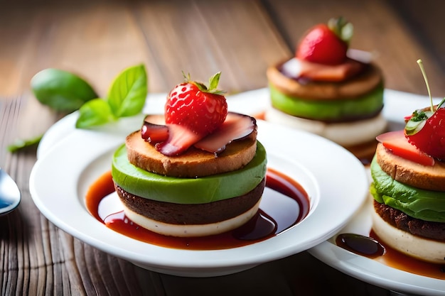 Une assiette de desserts avec une fraise dessus