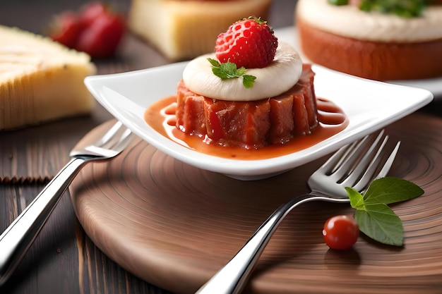 Photo une assiette de desserts avec une fraise sur le dessus