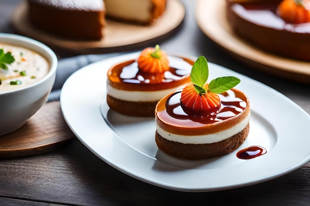 Une assiette de desserts avec une fraise dessus