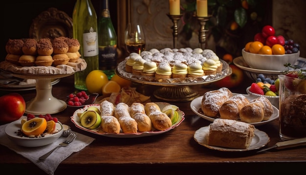 Assiette de desserts gourmands avec des pâtisseries maison fraîches générées par l'IA