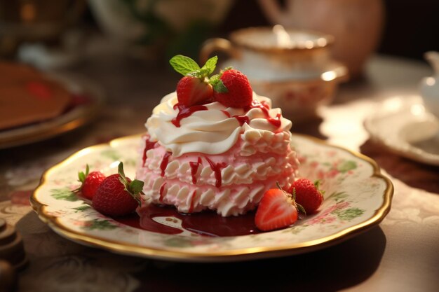 Photo une assiette de desserts ornée de fraises et de glaçage au fromage à la crème