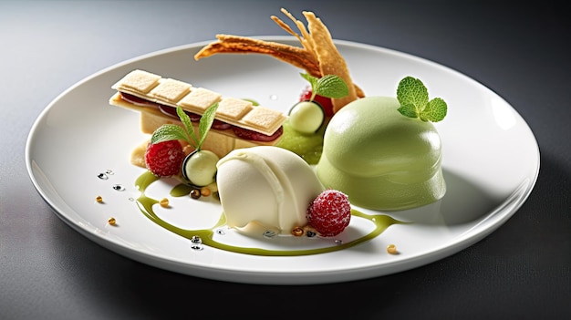 une assiette de desserts sur une surface noire