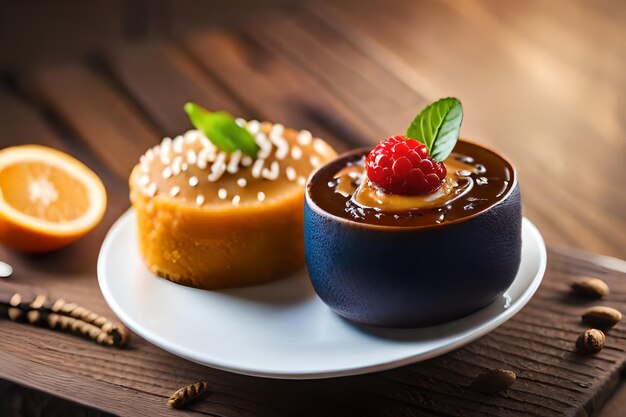 Photo une assiette de desserts avec une tasse de chocolat et une assiette de beignets sur la table.