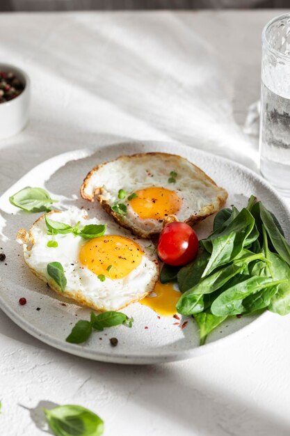 Photo assiette avec deux œufs au plat et légumes verts pour le petit déjeuner