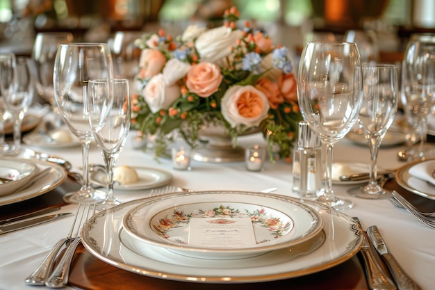 Photo une assiette de dîner et des couverts pour un mariage dans un hôtel de luxe publicitaire photographie alimentaire