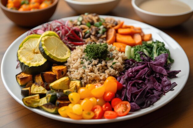 Une assiette de dîner zéro déchet coloré avec des options végétaliennes sans gluten créées avec une IA générative