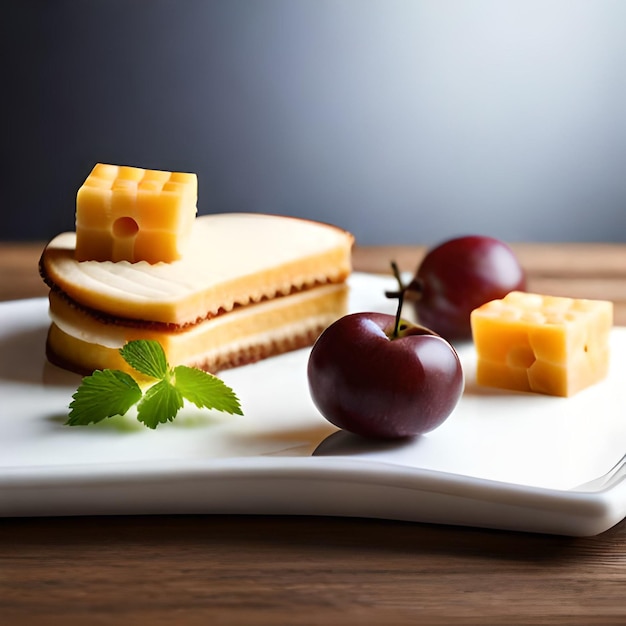 Une assiette avec du fromage et des pommes et un morceau de fromage.