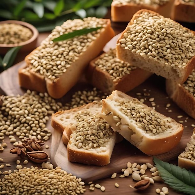 Photo une assiette avec du pain et des graines, y compris des graines de sésame