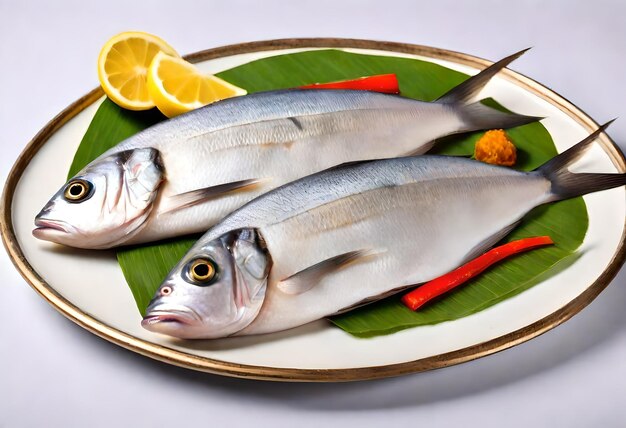 une assiette avec du poisson et des légumes et une baguette