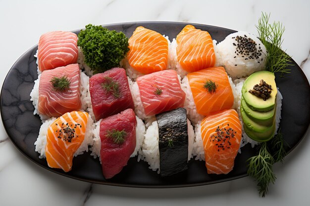 Une assiette avec du sushi sashimi et du wasabi