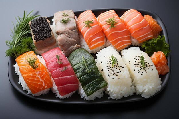 Une assiette avec du sushi sashimi et du wasabi