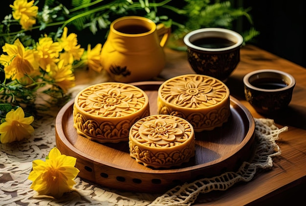 une assiette avec du thé est disposée trois gâteaux ronds sculptés sur le côté dans le style chinapunk