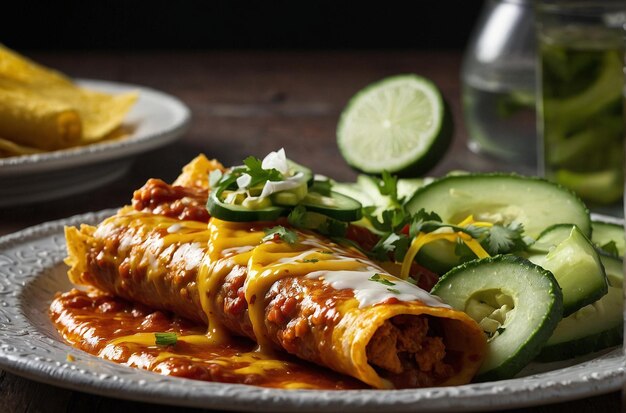 Photo une assiette d'enchiladas servie avec un rafraîchissant c