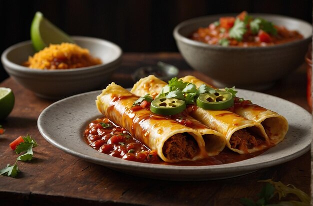 Une assiette d'enchiladas servie avec un tamari piquant