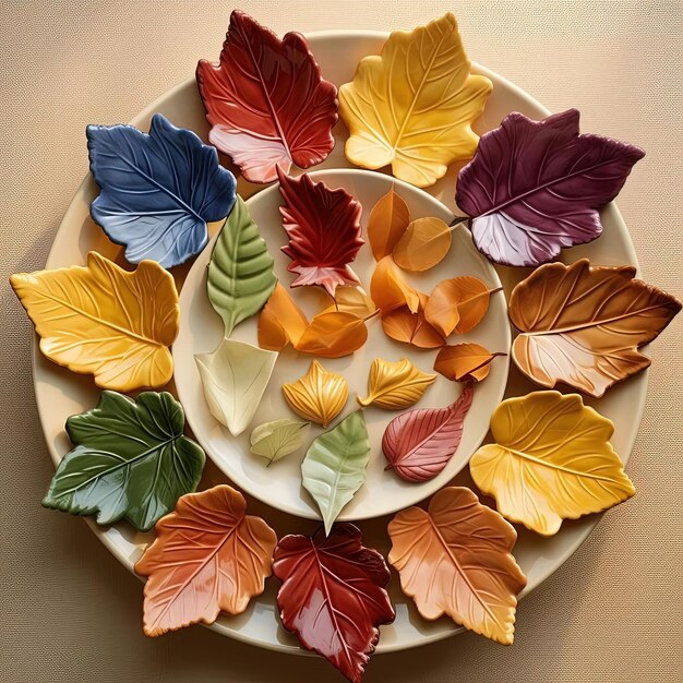 une assiette entourée d'assiettes de feuilles d'automne pour servir dans le style d'arrangements ordonnés