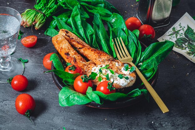 Une assiette avec des épinards crus verts frais et des tomates de saumon sauvage frites et une sauce au fromage à la crème