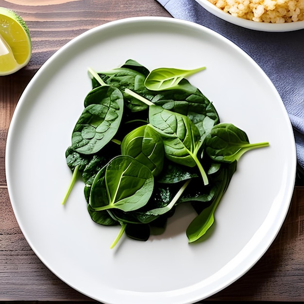 Une assiette d'épinards avec un quartier de citron vert sur le côté.