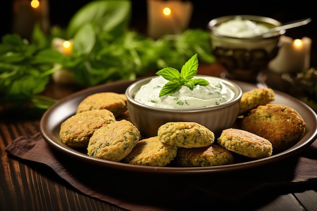 Une assiette de falafels de style méditerranéen avec sauce tzatziki