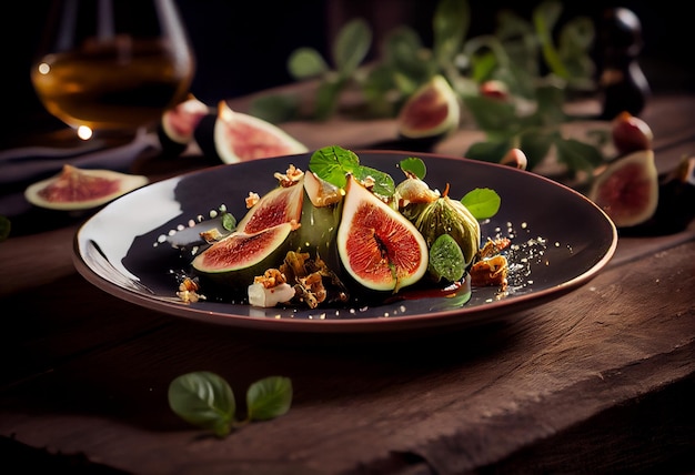 Photo assiette de figues d'automne sur fond sombre générée par l'ia