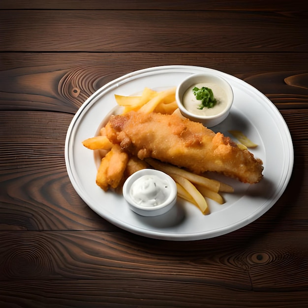 Une assiette de fish and chips avec sauce sur une table en bois.