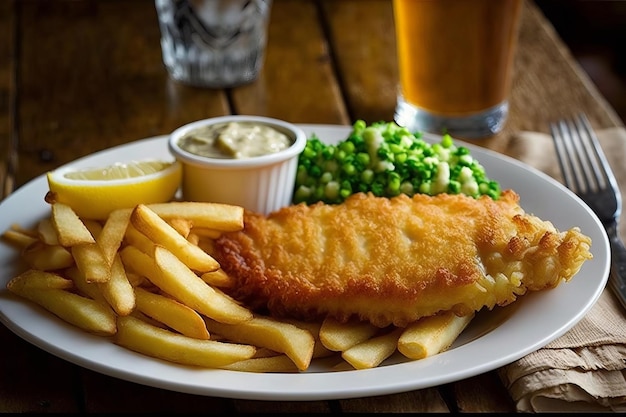 Une assiette de fish and chips avec un verre de bière