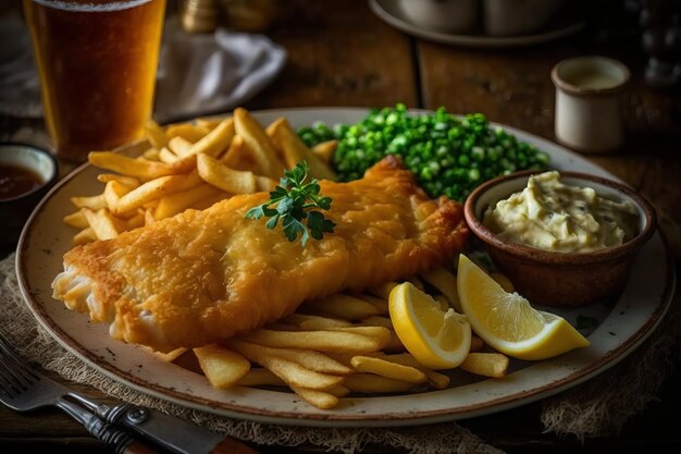 Une assiette de fish and chips avec un verre de bière