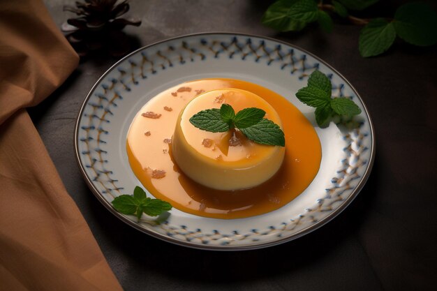 Une assiette de flan avec une feuille de menthe sur le dessus