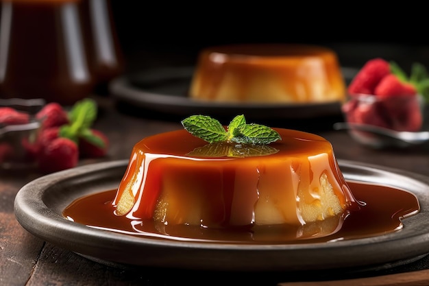 Une assiette de flan avec une feuille de menthe sur le dessus