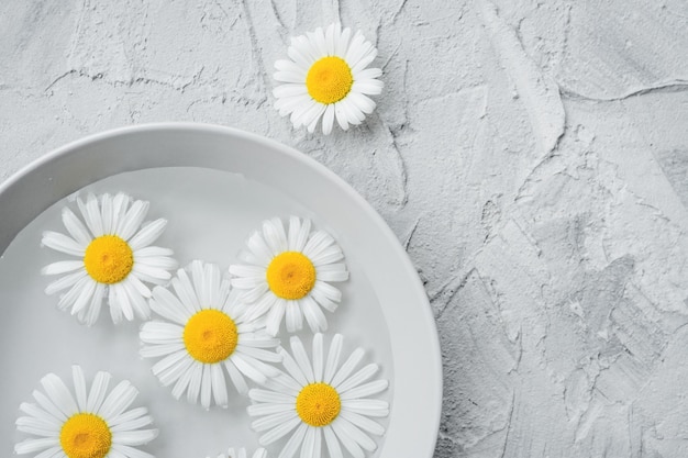 Assiette avec fleurs de camomille dans l'eau