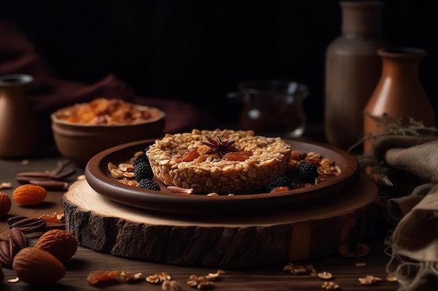 Photo une assiette de flocons d'avoine avec une garniture de fruits dessus