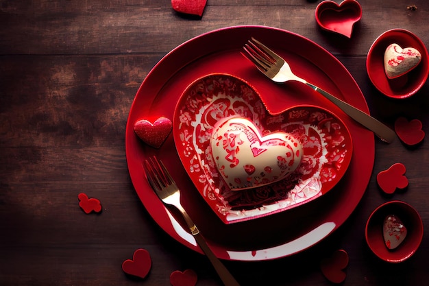 Assiette en forme de coeur et décorations de la Saint-Valentin sur la nourriture de table