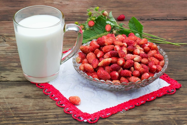 Une assiette de fraises mûres parfumées et une tasse de lait