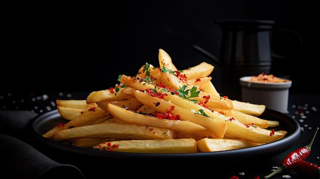 Une assiette de frites accompagnées de sauce