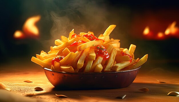 Photo une assiette de frites et un bol de ketchup