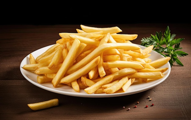 Une assiette de frites avec un côté d'aneth sur le côté.