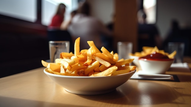 Une assiette de frites est posée sur une table dans un restaurant.