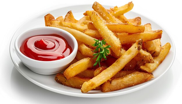 Une assiette de frites et de ketchup sur fond blanc.