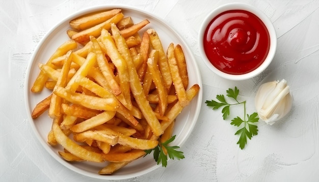 Une assiette de frites et de ketchup sur fond blanc.