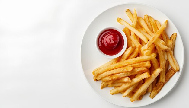 Une assiette de frites et de ketchup sur fond blanc.