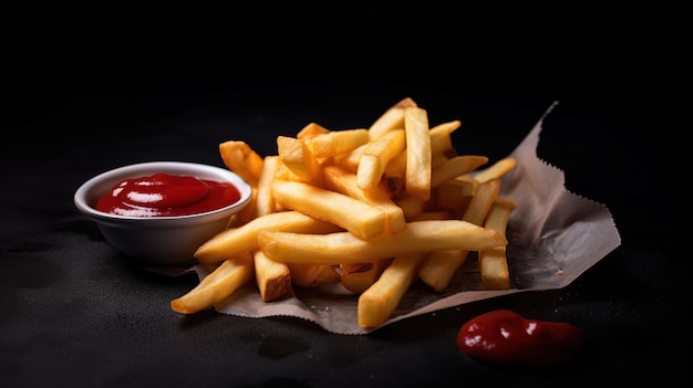 Une assiette de frites et de ketchup sur fond noir