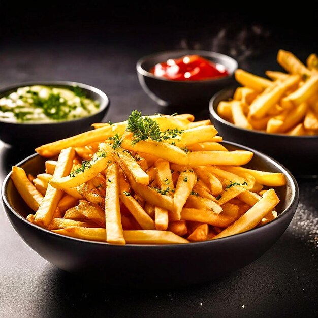 une assiette de frites avec ketchup et ketchup