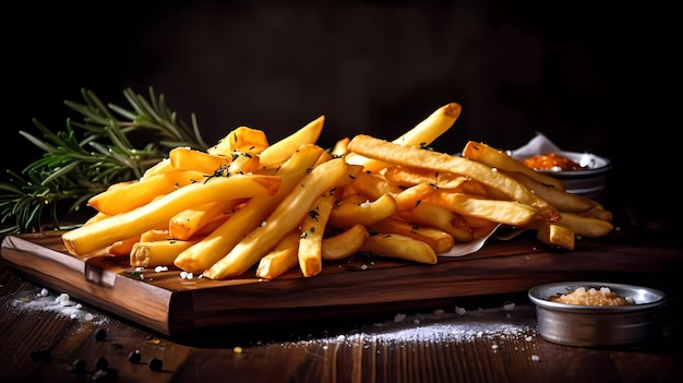 Une assiette de frites avec une salade en fond