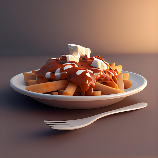 Assiette de frites avec sauce au caramel illustration 3d