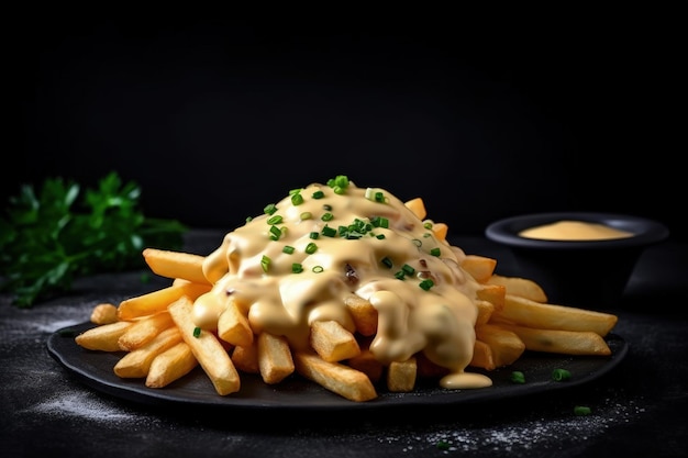 Une assiette de frites avec une sauce dessus