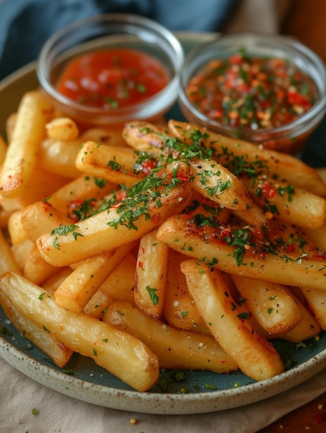 une assiette de frites avec de la sauce à trempette